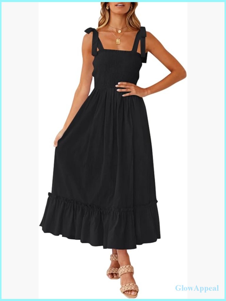 Square Neck Spaghetti Strap Smocked Maxi Dress Boho Beach